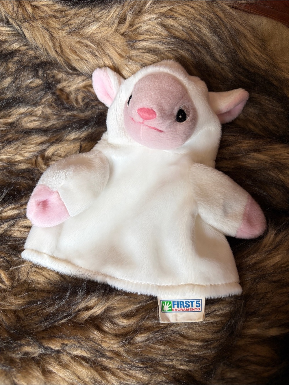 First 5 Sacramento White & Pink Lamb Plush Small Hand puppet